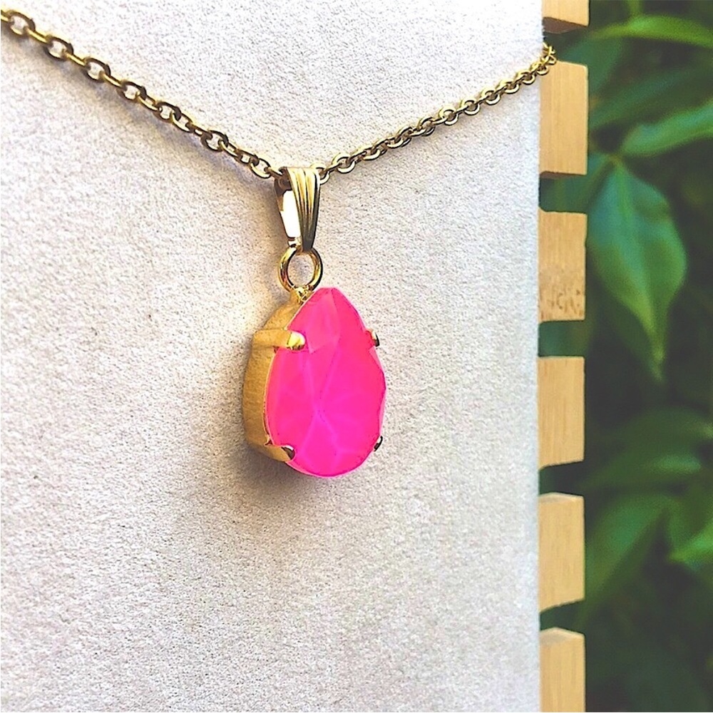Hot Pink + Gold Pear Crystal Drop Pendant Necklace - Picture 5 of 5
